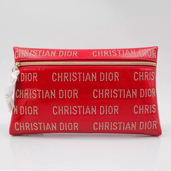 Christian Dior Red Patent Mini Clutch Studded Logo Zipper Cosmetic bag - Picture 5 of 15